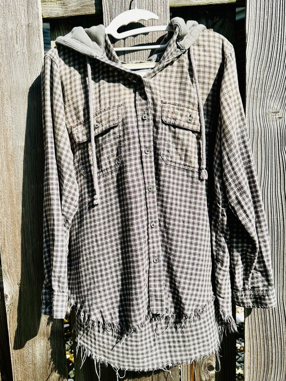 American Eagle Outfitters Gray Plaid Hooded Button-Up Tunic